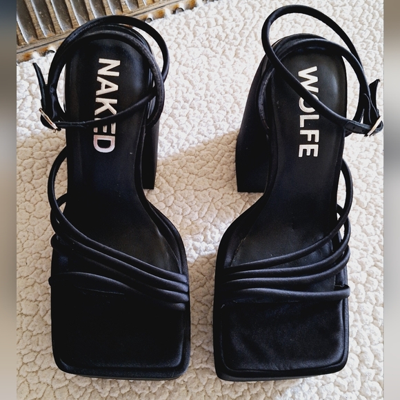 NWOB NAKED WOLFE Jenny Strappy Satin Platform Sandals Black Sz 10 Org $300 - Picture 8 of 14